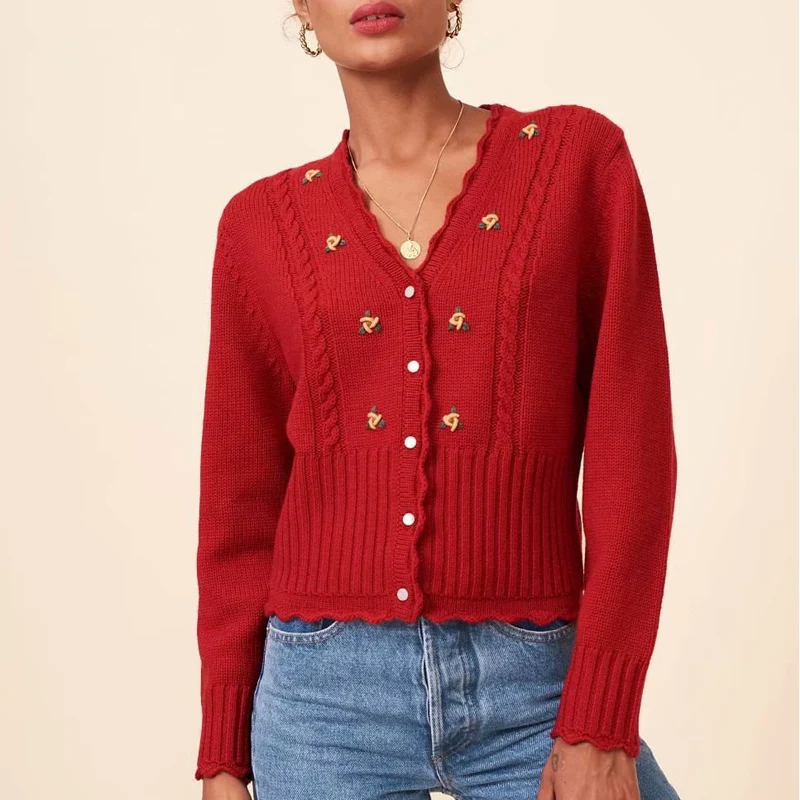 

Zoulv 2021 V-neck Long-sleeved Flower Embroidery Cardigan Sweater Spring and Autumn Women's Sweater Casual Solid Color Cardigan