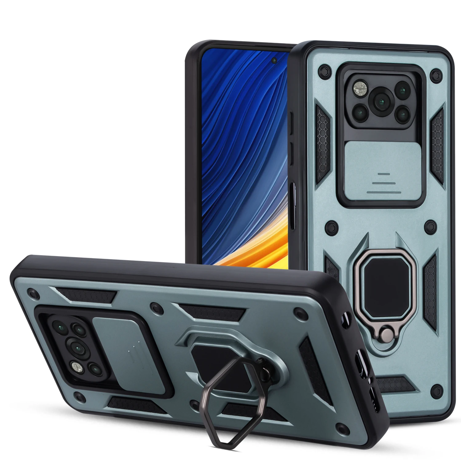 

Phone Case For Poco X3 Pro NFC Luxury Business shockproof Armor Push the window Magnetic With Rotatable Ring Bracket Back Cover