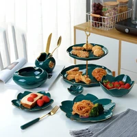 1pcs creative ceramic plate dinner set green kitchen tableware plates flower shape sauce dish rice salad bowl cake dessert plate