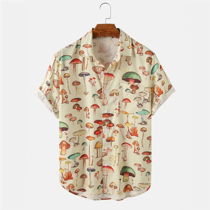 2023 Men's Hawaiian Shirt Fashion Casual Streetwear Turn-down Button Short Sleeve Cartoon Mushroom Beach Printed Shirt Summer