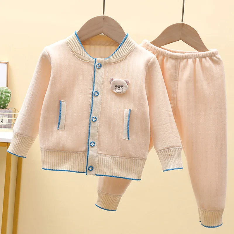 

Boys Girls Thicken Pajama Sets Cartoon Knit Crew-neck Cardigan and Fleece Warm Suit Girls Autumn Winter Warm Sleeping Clothes