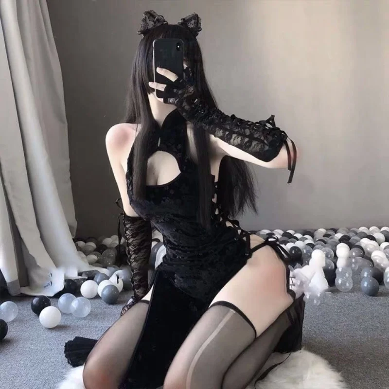 

Erotic Anime Cow Cosplay Costume Black and White Ladies Dress Women Lace Outfit Fancy Slim Fit Open Chest Uniform Sexy Cheongsam