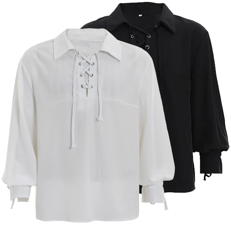 

2022 New Medieval Renaissance Men's Bandage Lapel Shirt Loose Casual Tops Cosplay Pirate Shirt Drama Stage Performance Dress Man