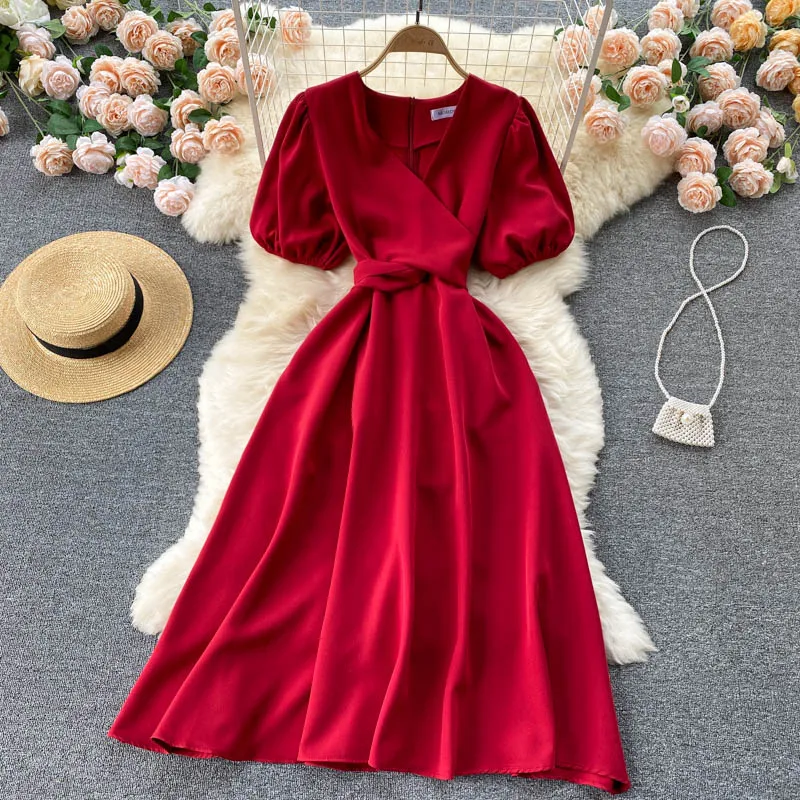

UuLuTonica Summer Spring Puff Short Sleeve Belt Solid V-Neck A-line Midi High Waist Casual Women Female Dress