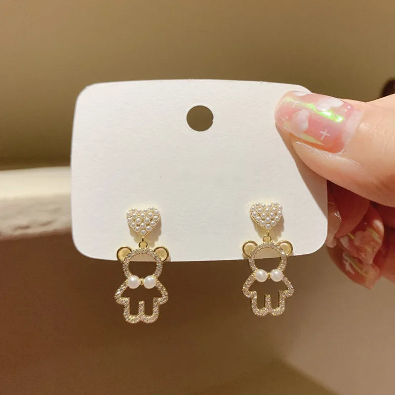 Bear Earrings 2021 New Cute Girl Full Of Diamond Temperament Pearl Exquisite