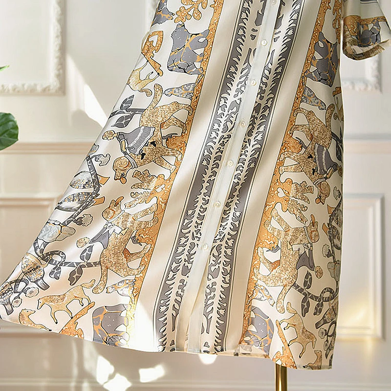 

100% Heavy Silk Dress Women Casual Style Print Sashes Short Sleeve Single-breasted Lightweight Fabric Dress New Fashion