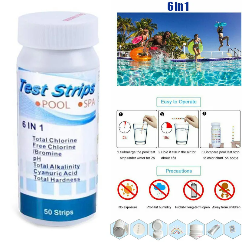 

NEW Multifunctional 6-in-1 Swimming Pool Test Strips for Chlorine PH Alkalinity Water Hardness Testing 50 Pcs/set