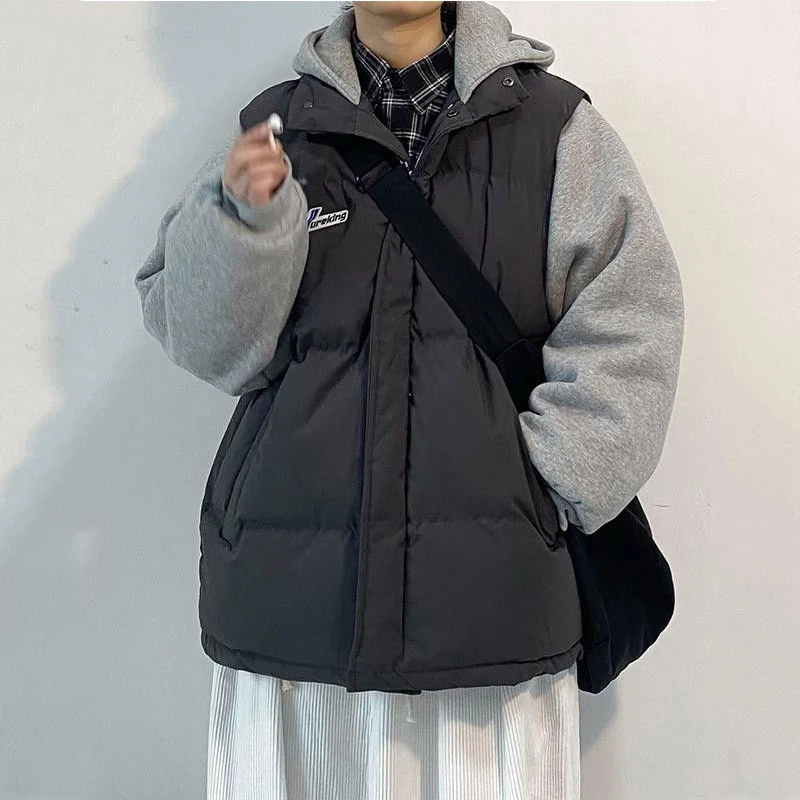 HOUZHOU Men's Padded Winter Jackets for Men Padded Coats Warm Hoodies Black Khaki Casual Korean Streetwear Harajuku Patchwork