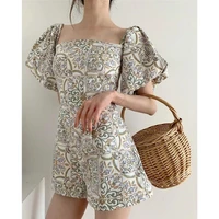 french retro ceramic tile print dress female summer new korean version of the waist slimming square collar spring woman chothing
