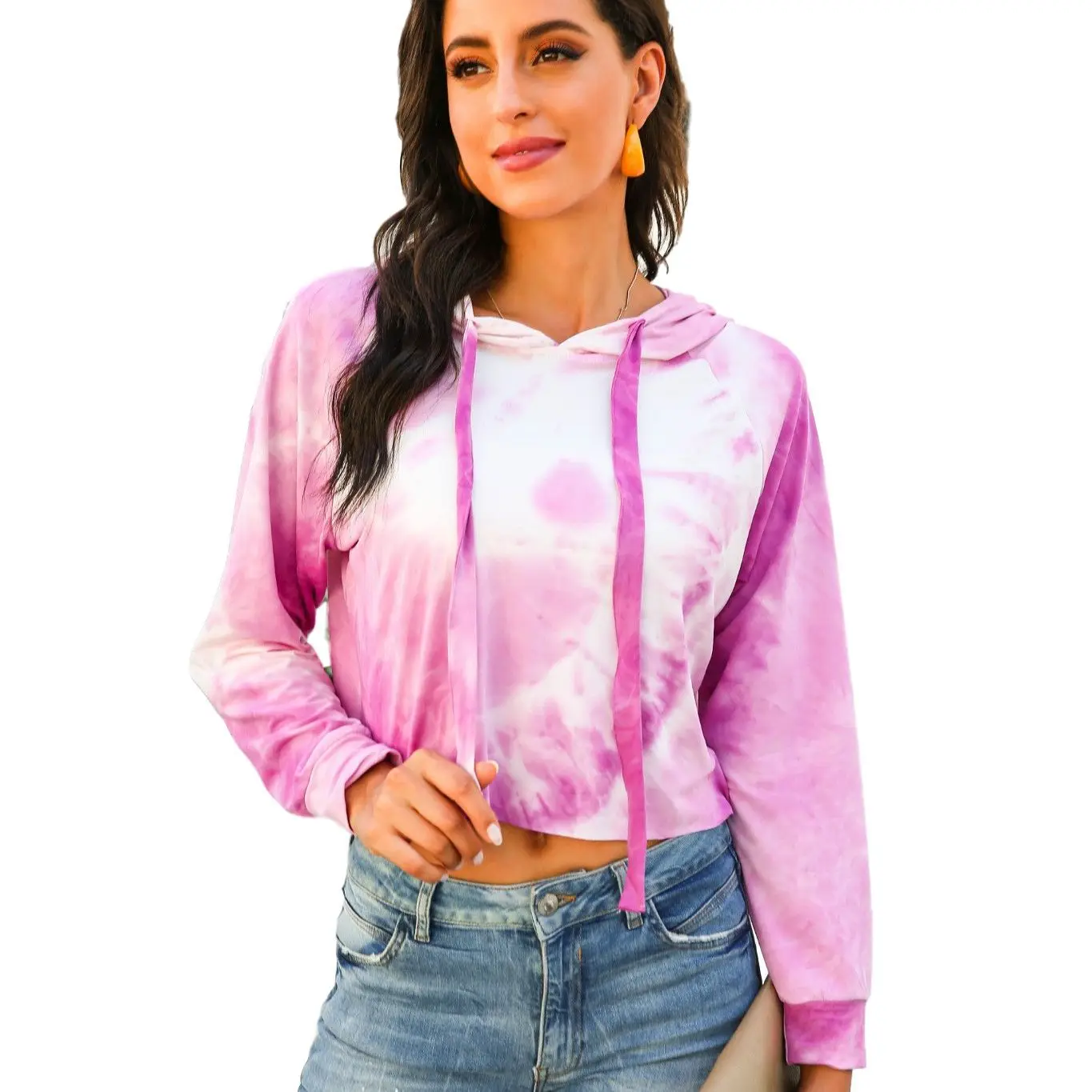 

Women's New Style Tie-Dye Hooded Long-Sleeved Sweatershirts Short Pullover Top
