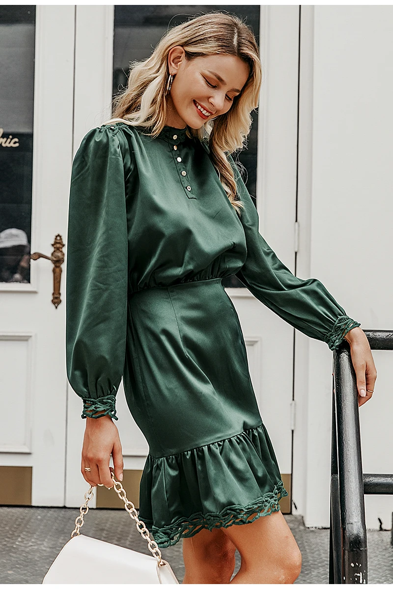 Simplee Vintage lace hem ruffled women dress Long sleeve stand neck mini ladies dresses High waist female autumn dress vestidos