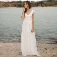 2022 Hot Sale Cheap Beach Wedding Dresses V Neck Cap Sleeve A-line Chiffon Skirt Lace Top Open Back Boho Wedding Gowns