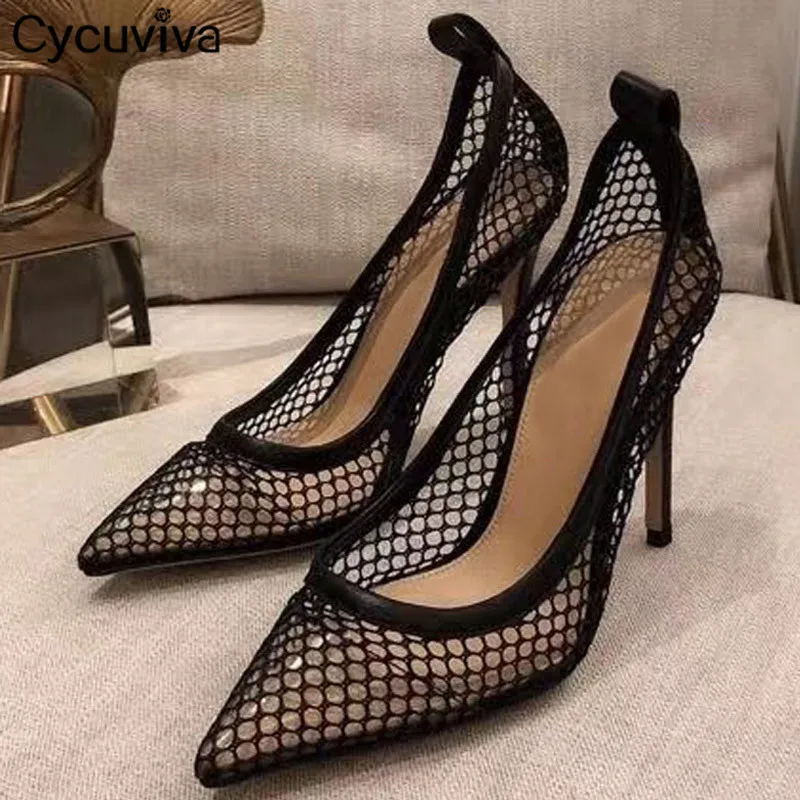 

2021 Net Mesh Brand Shoes Woman High Heel Gladiator Sandals Women Red Black Summer Stiletto Runway Party Shoes Woman