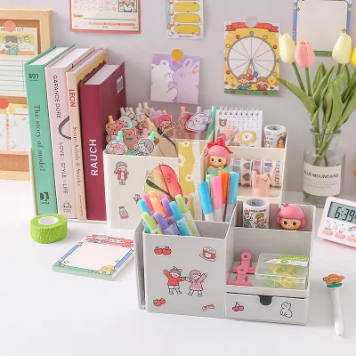 

ABS 2 in 1 Multifunctional Desktop Organizer Pen Holder Books Stand Holder Bookends Free Sticker School Stationery