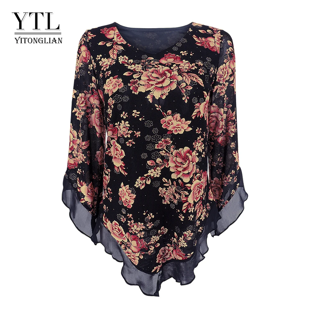 Yitonglian Plus Size Shirt Women 2020 Blouses Floral Tunic Tops Casual Flare Sleeve Long Blouse Shirt blusas elegant H369R
