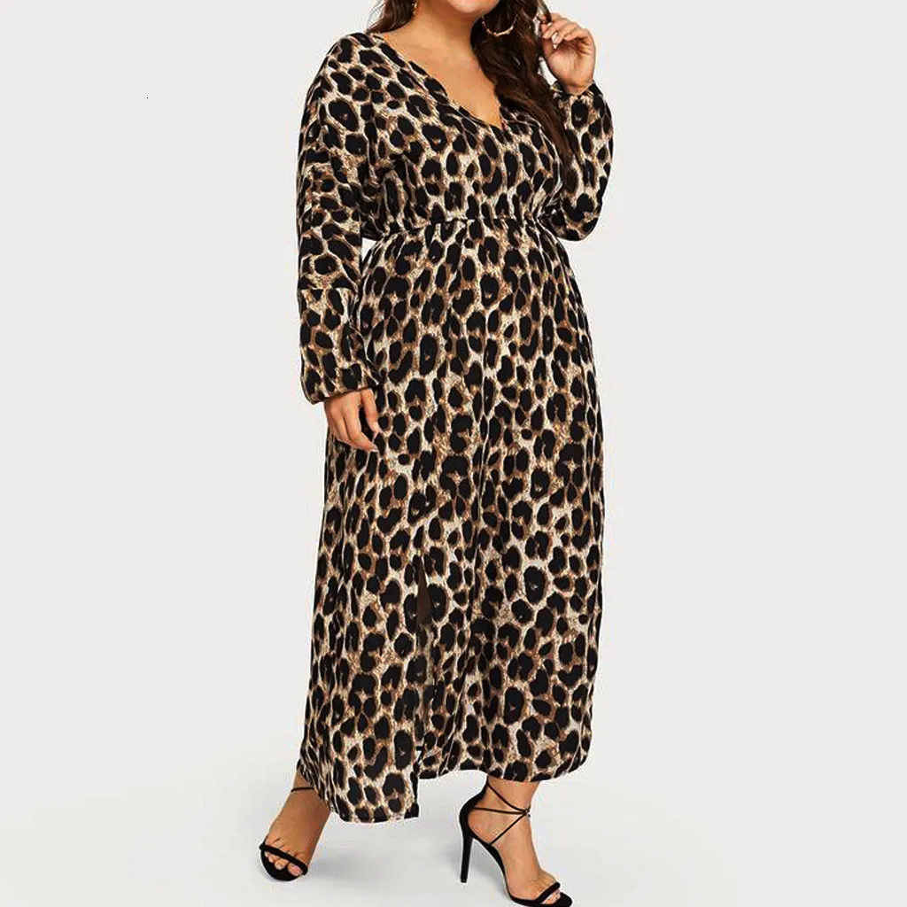 Mode Luipaard Print V-hals Lange Mouwen Split Jurk Vrouwen Herfst Winter Elegante Sexy Vestidos Plus Size 2019 z0805 | Женская одежда