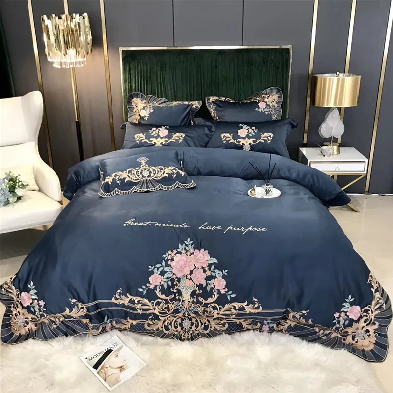

Luxury Gray Europe Palace Bedding Set Satin Silk Cotton Floral Embroidery Double Duvet Cover Bed Linen Pillowcases Home Textile
