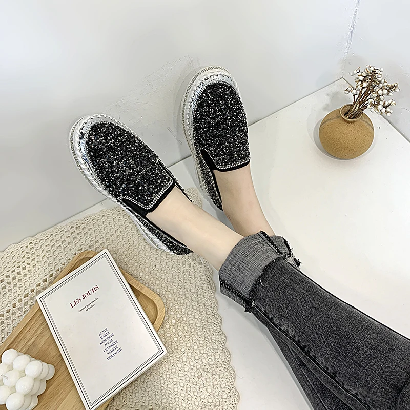 

Women Sequins Flats Slip on Spring Autumn Loafers Solid Color Platform Casual Round Toe Women Shoes Flats Ladies Loafer