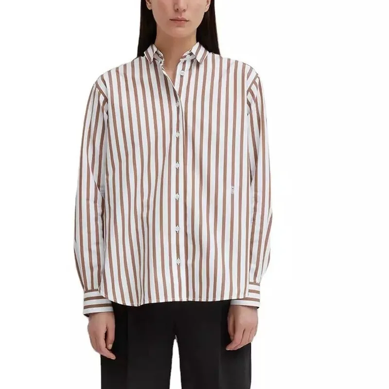 Spring and Autumn Classic Short Front and Long Back Long Vertical Stripes Lapel Long Sleeves Women Shirt
