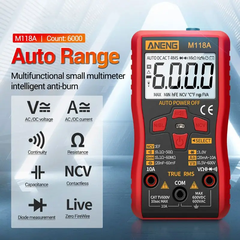 

Digital Handheld Multimeter Tester 6000Counts Auto Multimetro True RMS AC DC Tranistor Meter with NCV Data Hold Flashlight