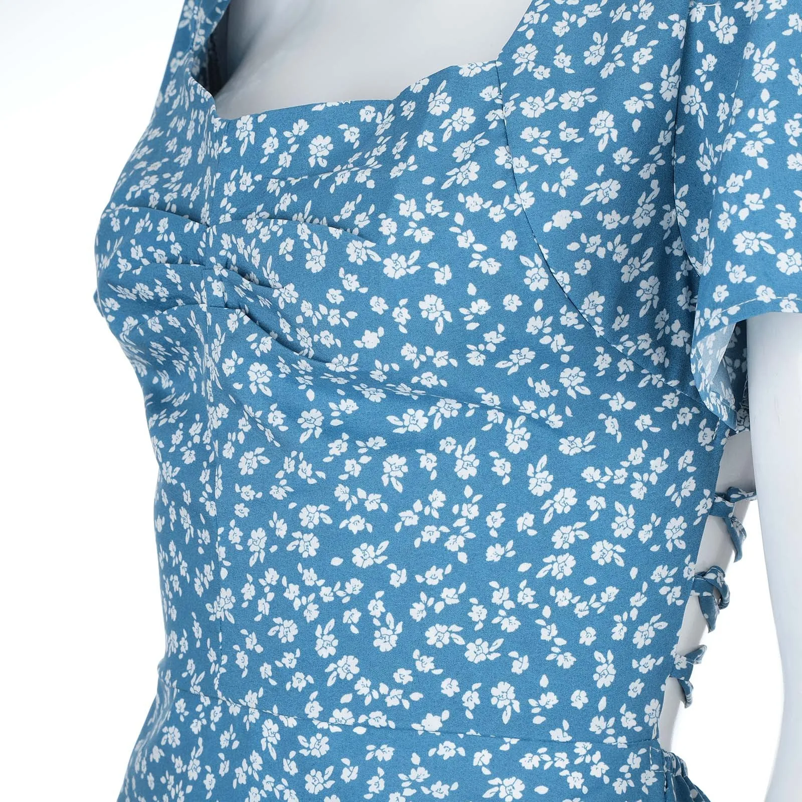 

Bohe Flower Print Dress Elegant Women's Backless Sexy Floral Hollow Pleated Short-sleeved Dress Mini Sundress Ladies Clothing#G