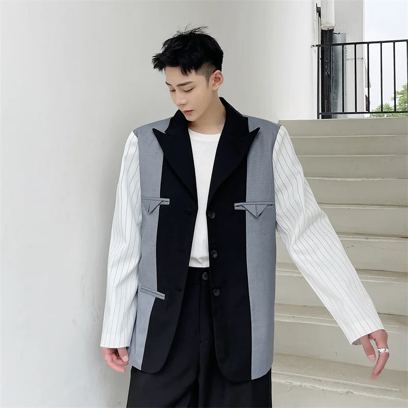 

Костюм мужской с полосками на рукавах, уличная мода в Корейском стиле, Свободный Повседневный Блейзер, костюм, пальто в стиле Харадзюку, вин...