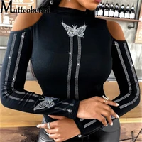 2022 spring t shirt butterfly diamond o neck solid color off shoulder long sleeve top ladies sexy slim nightclub party t shirt