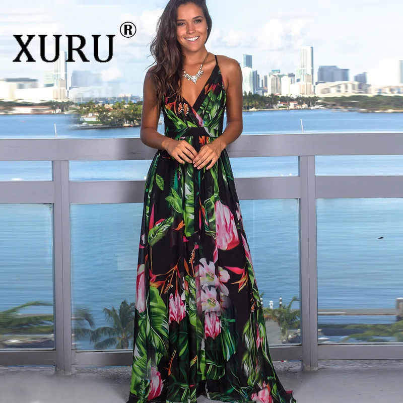 

XURU European and American New Women's Strap Print Beach Dress