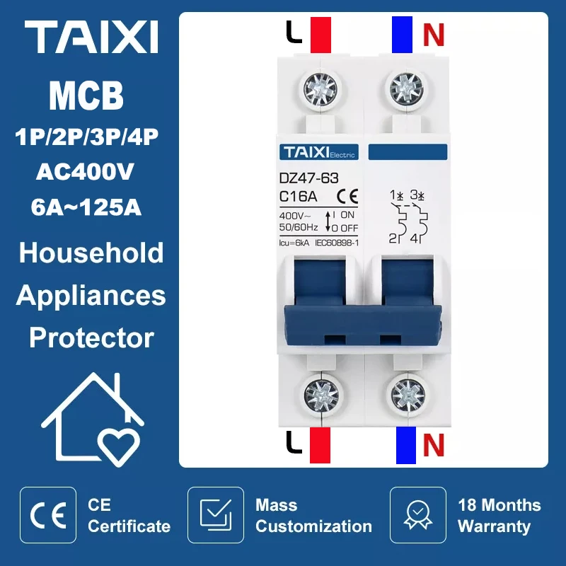 

TAIXI MCB DZ47 220V 380V Mini Miniature Circuit Breaker 1P 2P 3P 4P 6A 16A 32A 40A 50A 63A 80A 100A 125A Air Switch CE