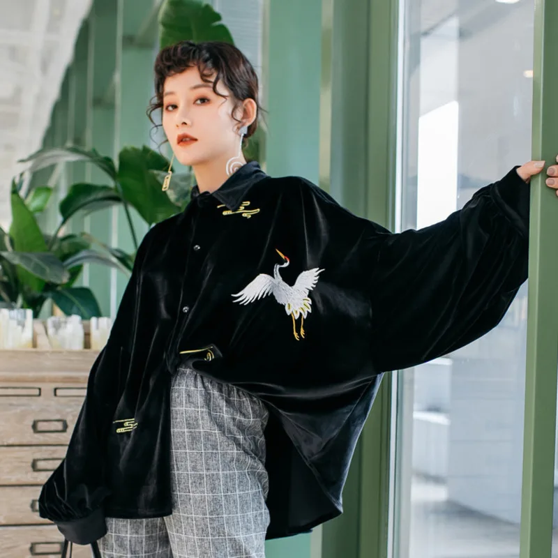 Рубашка LANMREM Женская с длинным рукавом и отложным воротником однотонная вышивкой