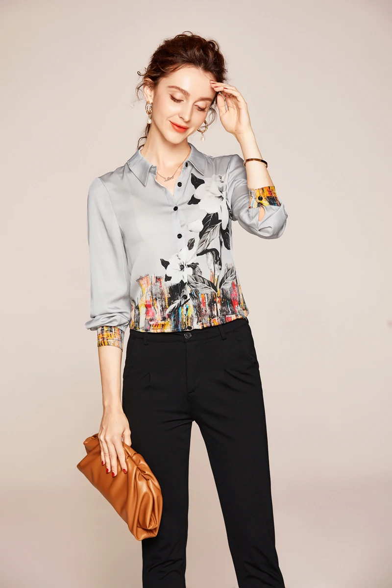 

95% Silk 5% Spandex Women's Runway Shirt Turn Down Collar Long Sleeves Printed Fashion Casual Blouse Outerwear Tops