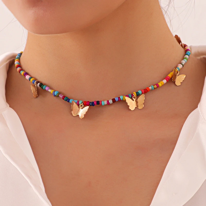 

Bohemian Vintage Colorful Beads Chain Tassel Butterfly Pendant Fashion Necklaces Jewelry for Women Elegant Accessories
