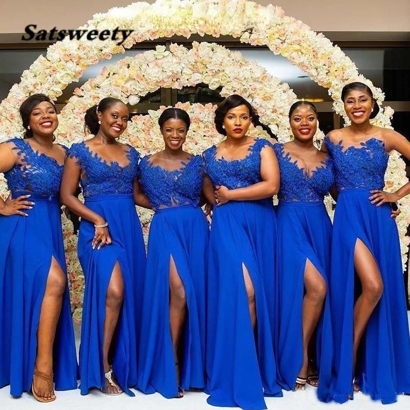 Vestidos de dama de Honor de encaje azul real africano, línea A, gasa dividida, invitados de boda, vestidos largos de dama de Honor de talla grande para fiesta