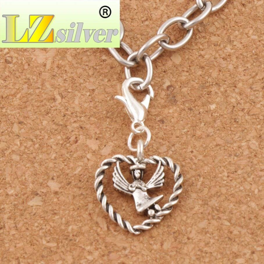 Angel With Wings In Open Heart Lobster Claw Clasp Charm Beads 100PCS Zinc Alloy Jewelry DIY C933 15.9x32mm