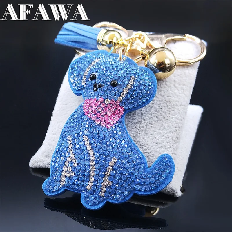 

2022 Fashion Cut Dog Blue Crystal Keychain for Women Big Pet Bag Charm Gold Color Jewelry porte clef mignon KXHK14S01