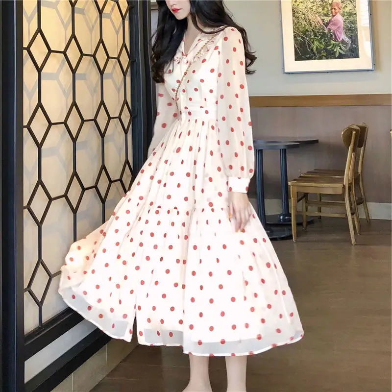 

HStar Women Spring Long Sleeve Chiffon Maxi Dress Vintage Polka Dot Female Boho Dress Casual Lady Beach Dress Vestido