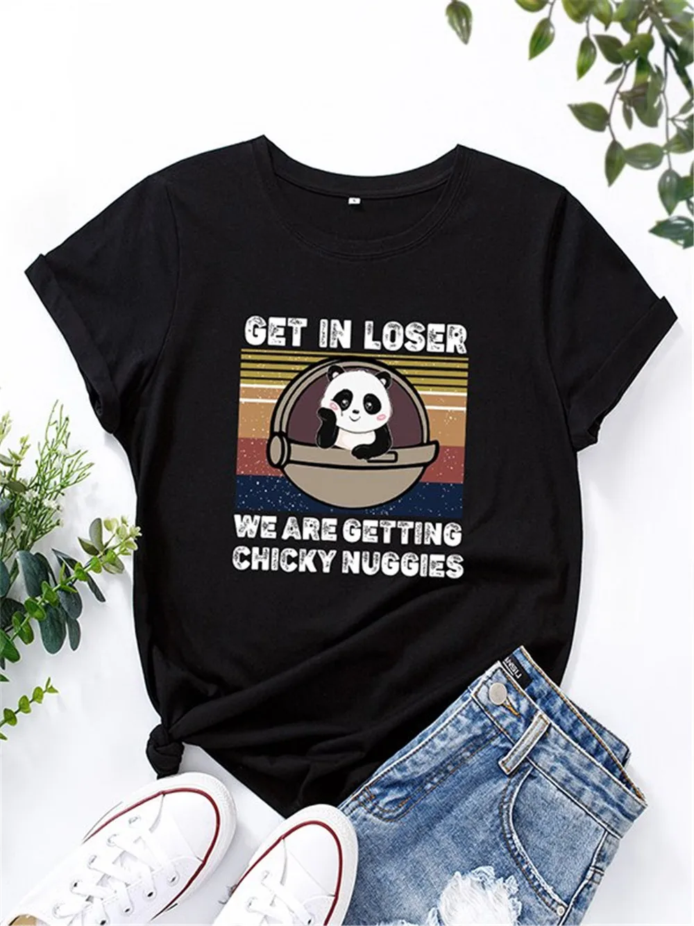 

Get in Loser We Are Getting Chicky Nuggies Spacecraft Women Short Sleeve Sweatshirt Panda Print T-shirt Women Top Tee