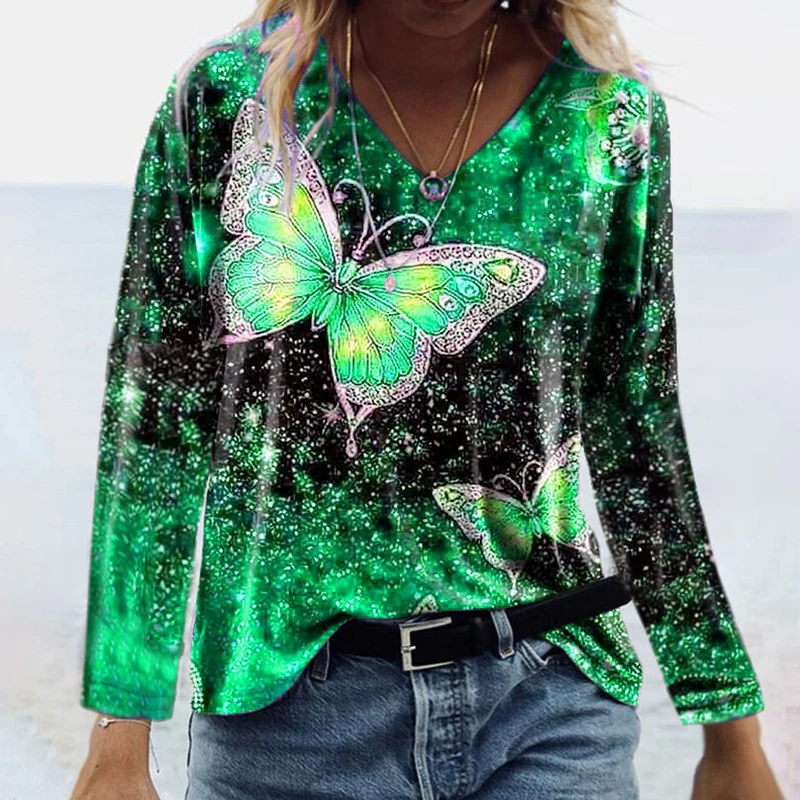 

Autumn Women Long Sleeve V-Neck Tops Butterfly Printed T-Shirt Ladies Casual Loose Pullover Tees Wholesale