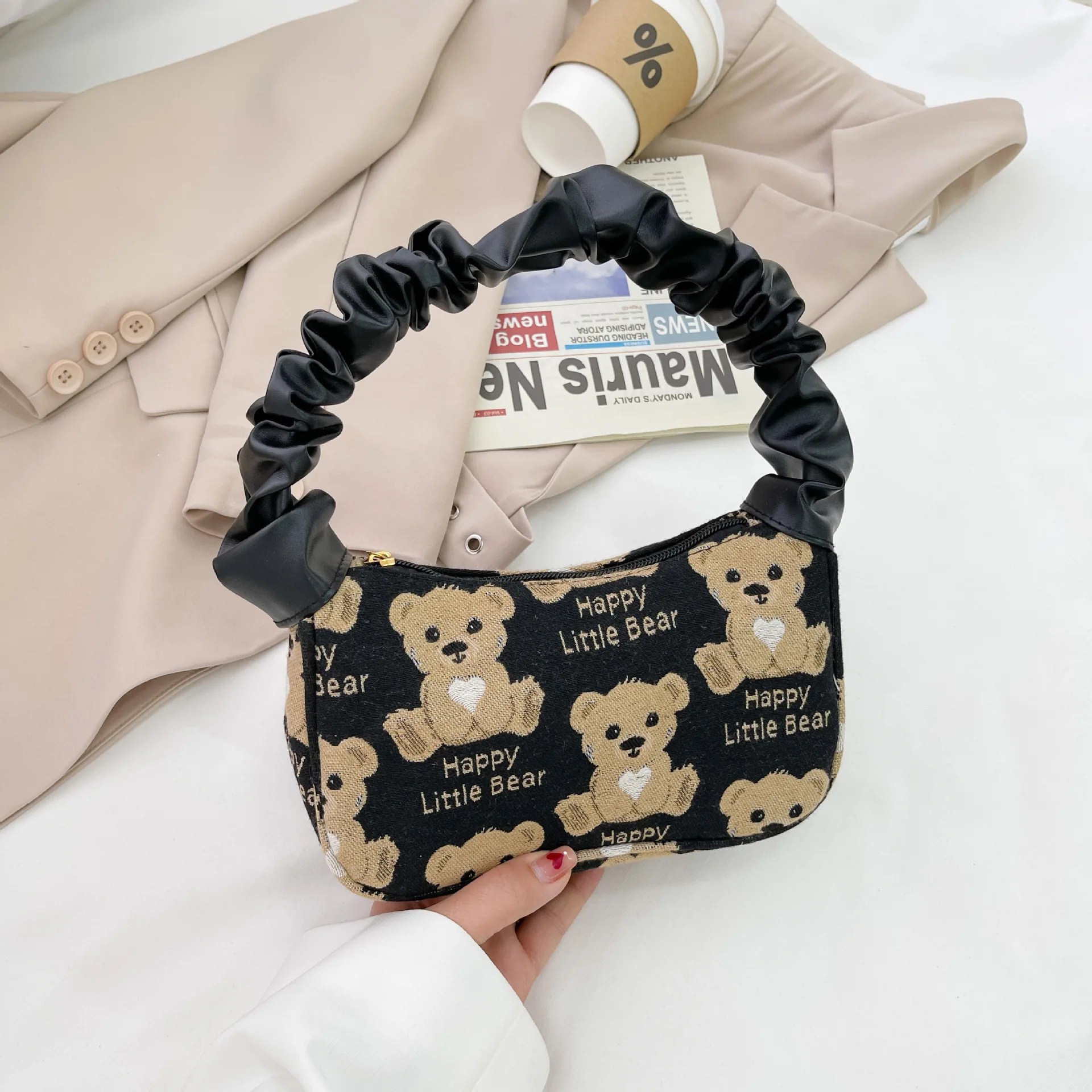 

European Style Canvas Bag Fashion New Pleated Plaid Cartoon Bear Women's Shoulder Bag Simple Versatile Female's Small Hand Bag