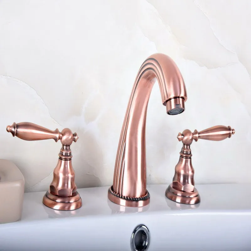 

Antique Red Copper Brass Deck Mounted Dual Handles Widespread Bathroom 3 Holes Basin Faucet Mixer Water Taps mrg082