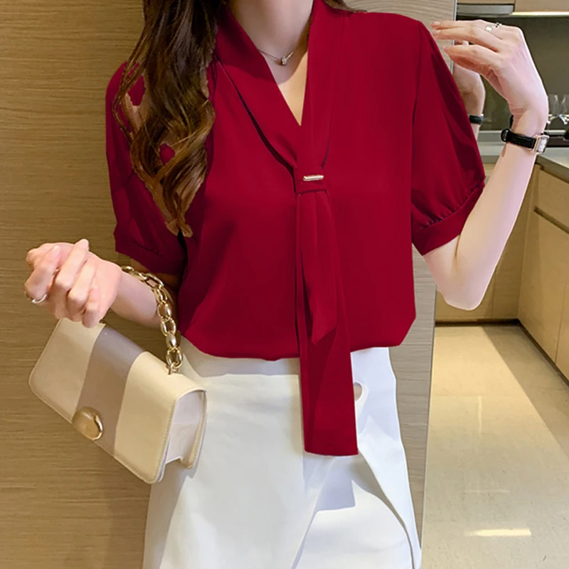 

2021 Summer Chiffon Blouse V Neck Short Sleeve Female Clothing with Tie Women Fashion White Women Shirts Blusas Mujer 15063