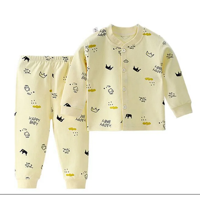 

2021 Autumn Long John Clothing Set Cotton Cartoon Dot Print Stripe Pajama Tracksuits Suit Baby Boy Girl Cardigan Trouser Outfits