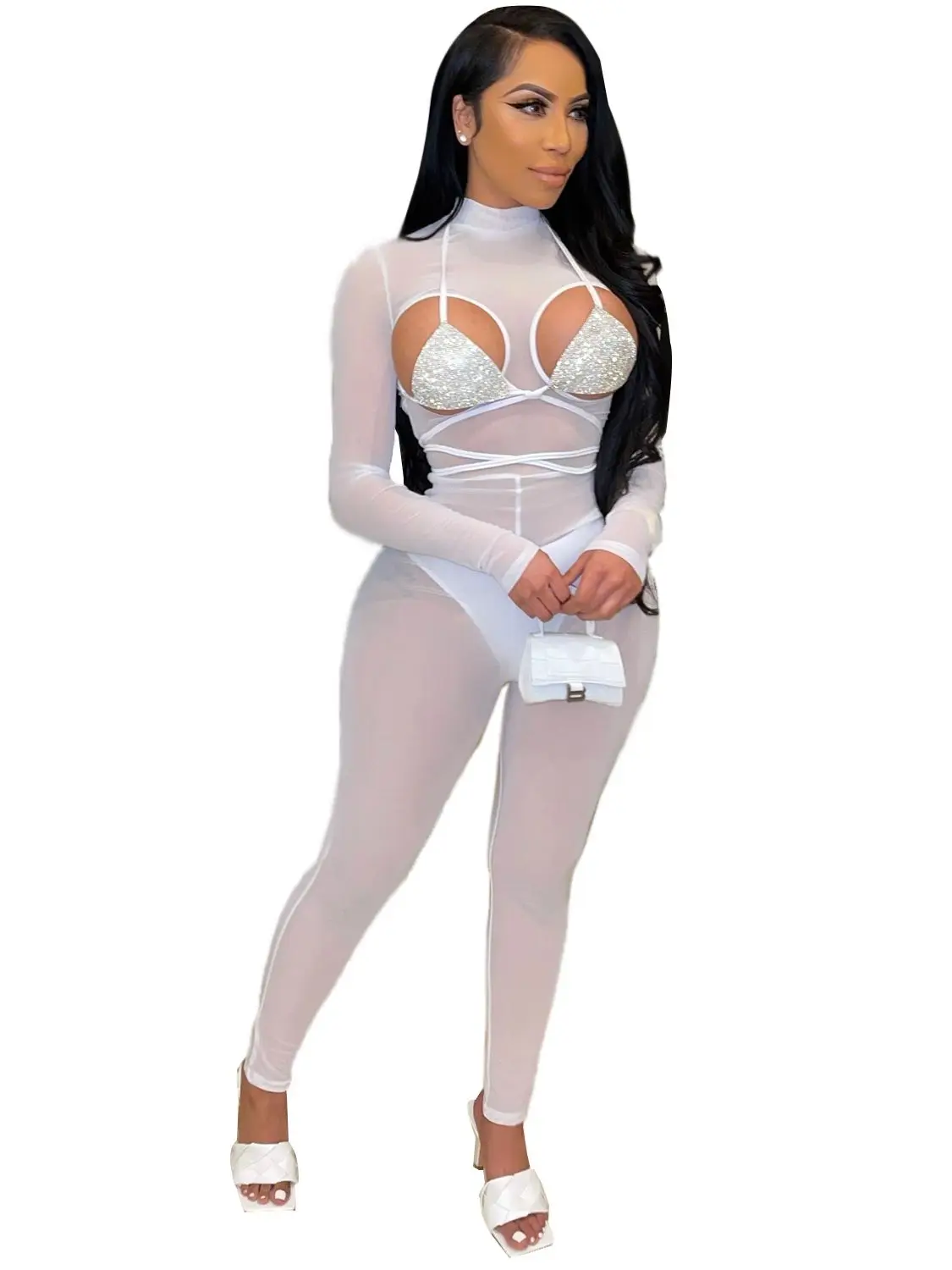 

Summer Women's Personalized Mesh Two Piece Elastic Tights Overol Mujer Jumpsuit