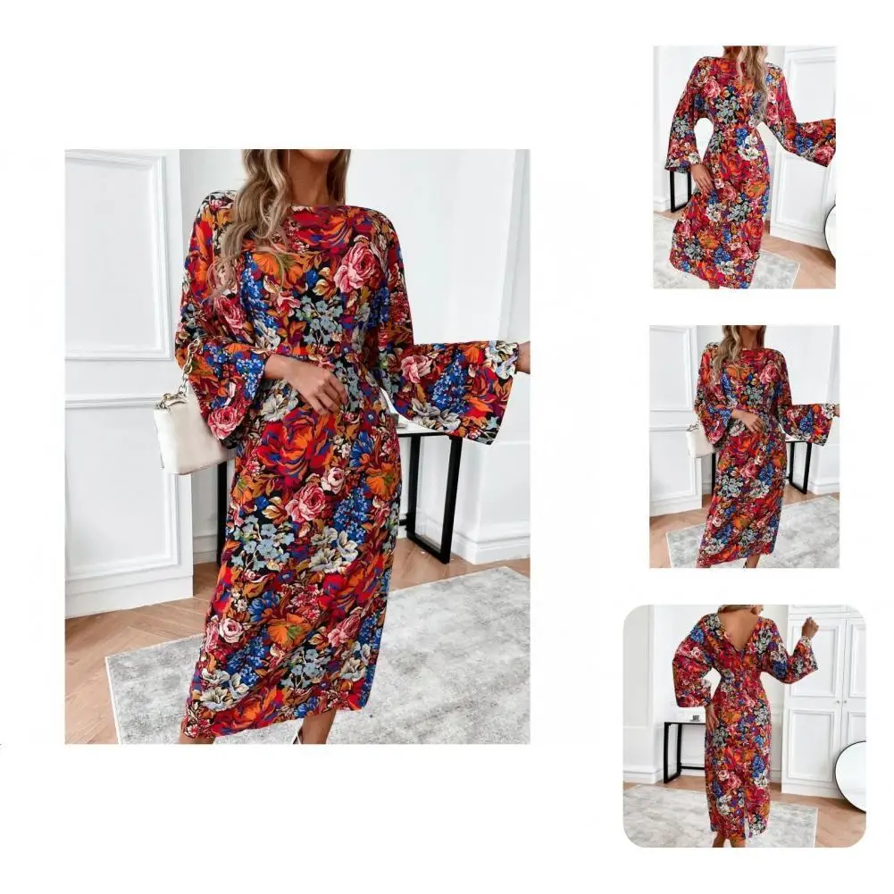 

Вечернее облегающее платье с цветочным принтом и открытой спиной