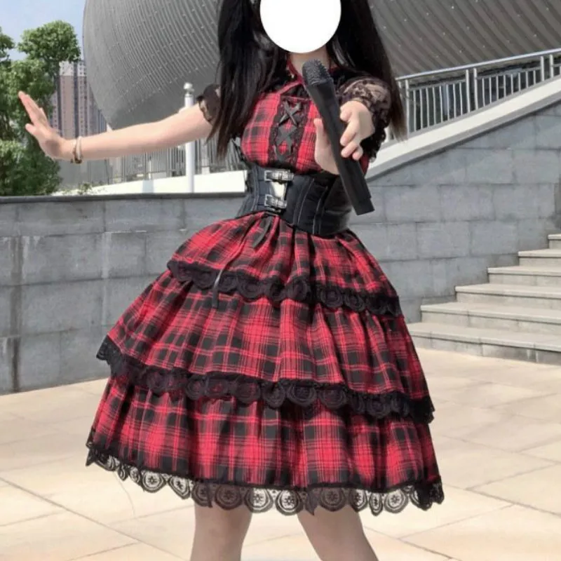 

Summer Japanese Gothic Lolita Jsk Dress Women Victorian Vintage Cosplay Punk Lolita Costumes Fairy Kei Medieval Plaid Dresses