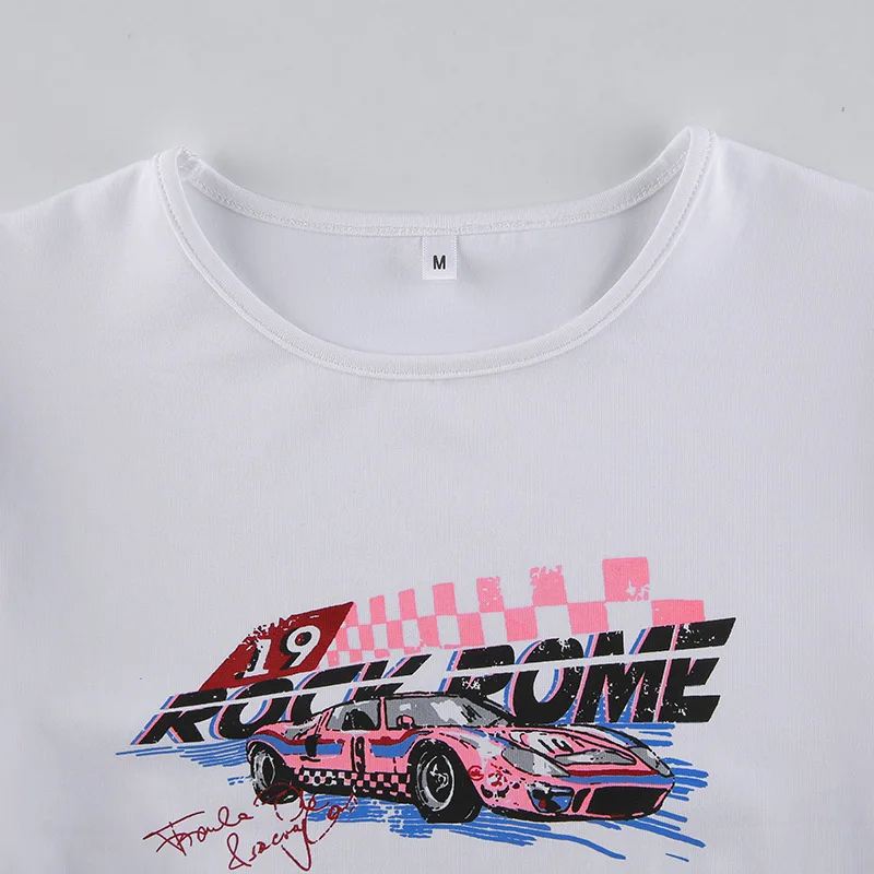 

MIOJIOTAXX 2021 Summer New Fashion Racing Print Slim Fit Short Navel Exposed Casual T-shirt Womens Clothing Harajuku Y2k Tops