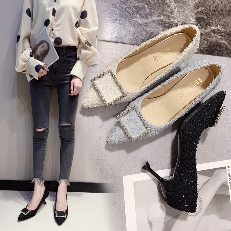 

Black Suede Shallow Mouth Single Shoe Fashion Wild Rhinestones Pointed Toe Stiletto Heels Elegant Womens Shoes Party Dress Pumps