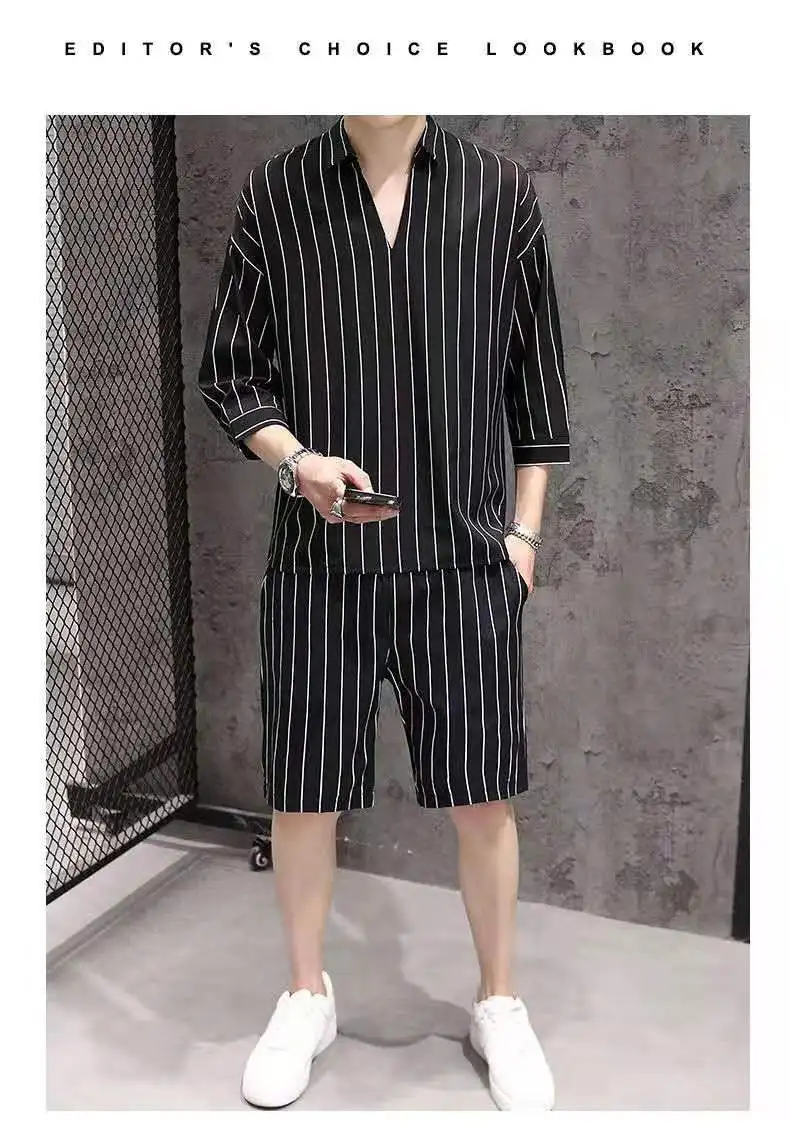 

The New Summer V-Neck Pocket Short-Sleeved T-Shirt Striped Korean Fashion Seven-Minute Sleeve Shorts Suit Ice Silk Fast Dry Shir