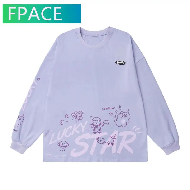 

FPACE Tshirts Streetwear Harajuku Graffiti Bear Print Long Sleeve Tees Shirts Mens Fashion Hip Hop Casual Cotton Loose Tops