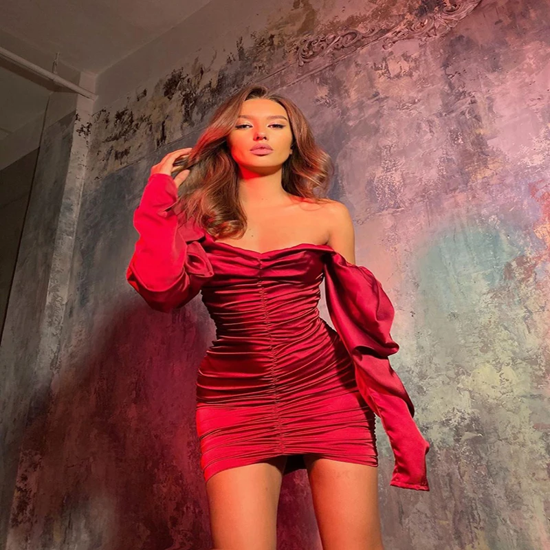 

2020 long bubble sleeve twill neck Satin pleated Sexy Mini Dress autumn and winter women's solid party elegant Street dress